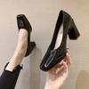2025 Spring Square Toe Thick Heel Shallow Mouth Patent Leather Shoes Lady Temperament Retro Pumps Black Red