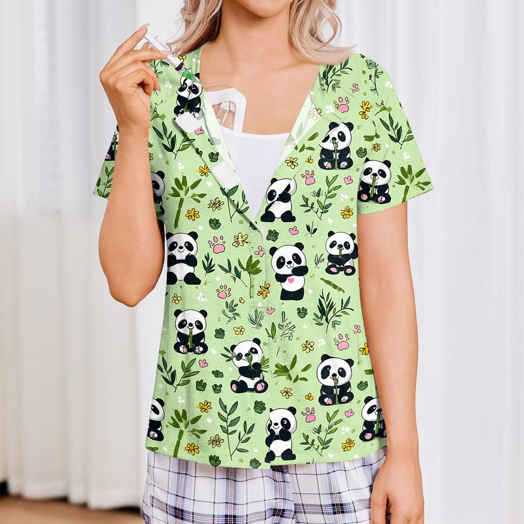 Damen Shirt nach der Operation Kurzarm Vier Taschen Leicht Bequem Knopfleiste Vorne Shirt für Medizinische Genesung und Tägliches Tragen