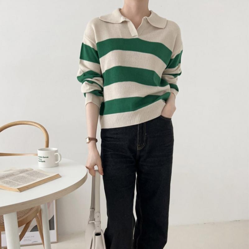 Shop Women SliT Collar Neck STripe Long Sleeve KniT T shirT Black 21ds Wkn 247