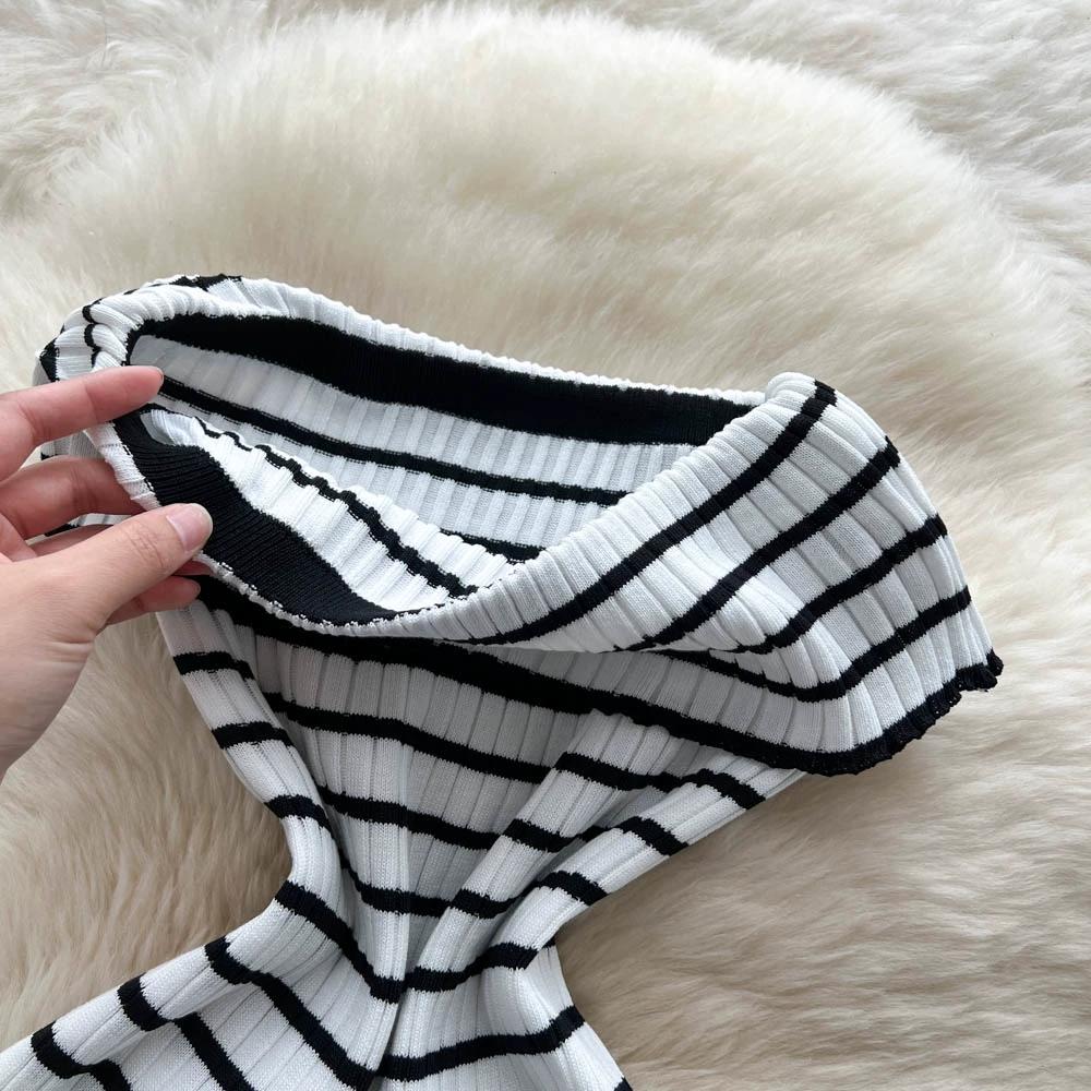 Summer Women Sexy Strapless Striped Knitted Sweater Office Work Sheath Dresses