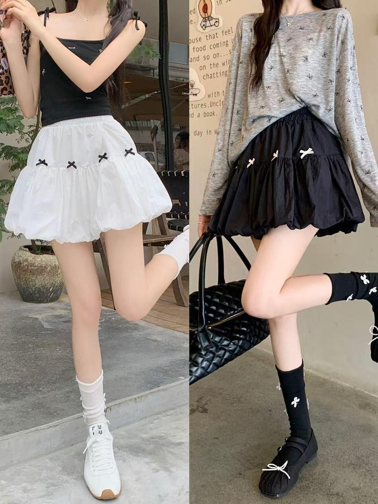Elastic Bow High Waist White Tulip Mini Skirt - Slimming, Versatile, Sweet A-line for Spring/Summer