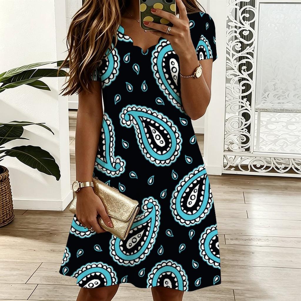 Ladies V Neck Retro Botanical Printed Plus Size Dress Summer Short Sleeve Loose Tunic