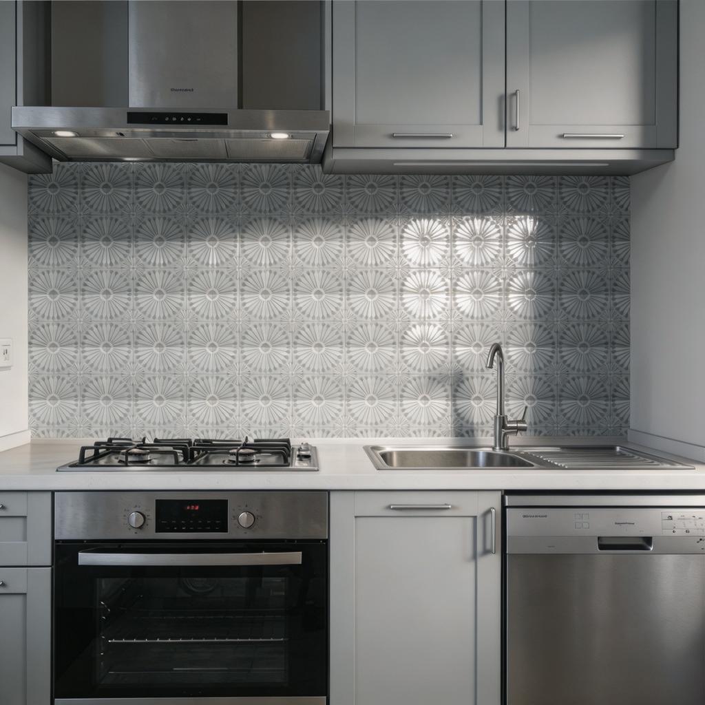 10Pcs  Grey Tile Stickers Fan-Shaped Sunflower Patchwork Wall Decals Waterproof Anti-Slip Backsplash Wallpaper for Living Room Kitchen Bathroom