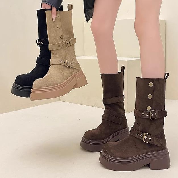 Retro two-wear locomotive boots for women's autumn and winter new belt buckle heightened small thick heel thick-soled Martin short boots