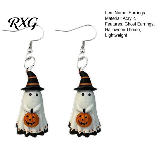 Cartoon Ghost Jewelry Cute Earrings, with Pumpkin Wizard Hat Decor, Holiday Themed Halloween Drop Lightweight Acrylic Pendant Party Earrings