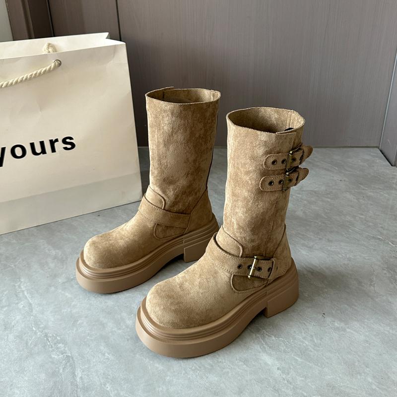 

Vintage Thick Heels Slip On Women Mordern Boots Fashion Belt Buckle Shoes Autumn Winter Ladies Modern Mid Calf Botas 35