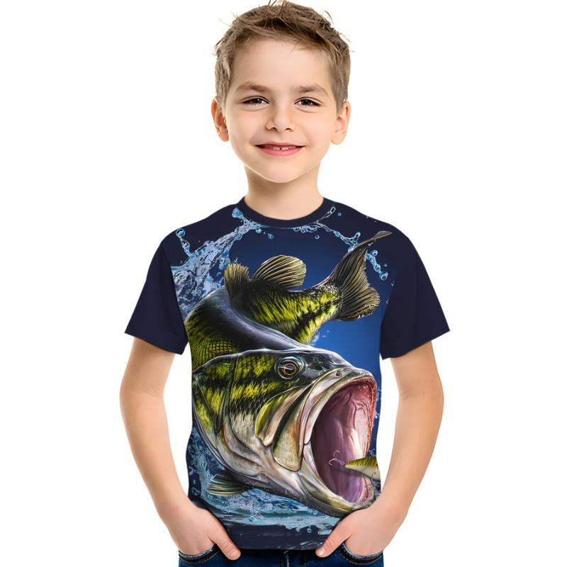 Fish Graphic T-Shirts for Children Short Sleeve Tees Fish Club Wear Oversized T-Shirt Outdoor Fishing Clothing Children T-Shirt 110