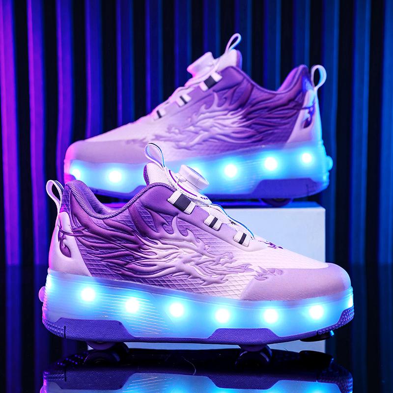 Children's Roller Skates Removable Flat Charging LED Four Wheels Glowing Sports Shoes Pink Women's Glowing Sneakers
