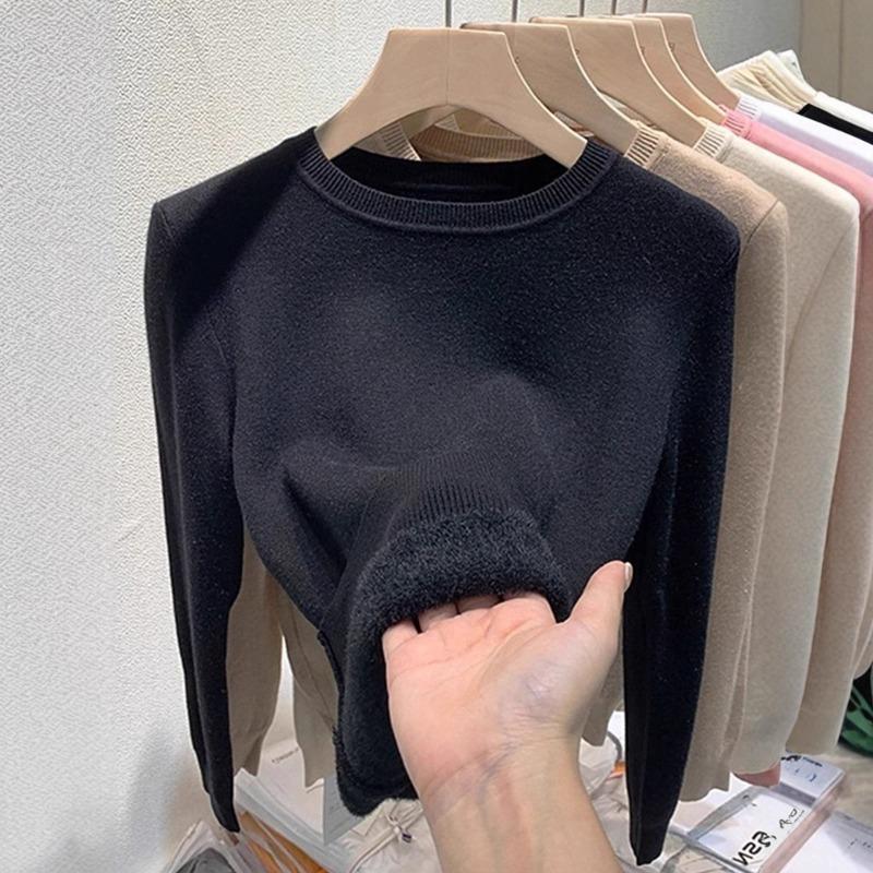 Warm and thickened integrated fleece sweater knitted sweater round neck lazy front shoulder design top new in autumn and winter
