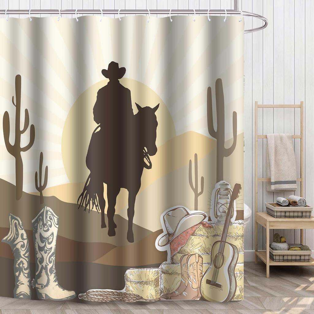 Western Denim Shower Curtain Vintage Bohemian Hill Cactus Washable Shower Curtain With 12 Hooks 180X180Cm