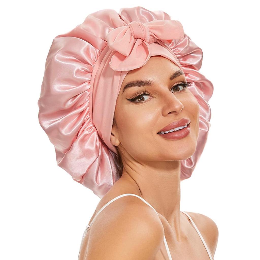 Satin Ribbon Round Silk Sleep Cap with Bowknot: Wide Brim Hair Care and Bath Hat