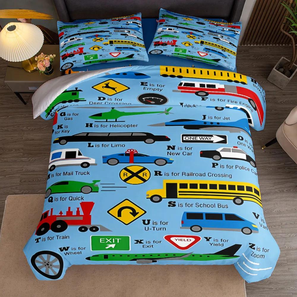 Preschool Teaching Automobiles ABC Bedding Set King Queen Double Full Twin Single Size Bed Linen Set