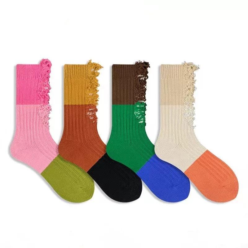 Perforated Beggar Color-blocking Socks for Women's Fashion, Versatile Color-blocking and Patchwork Socks, Mid-calf Socks