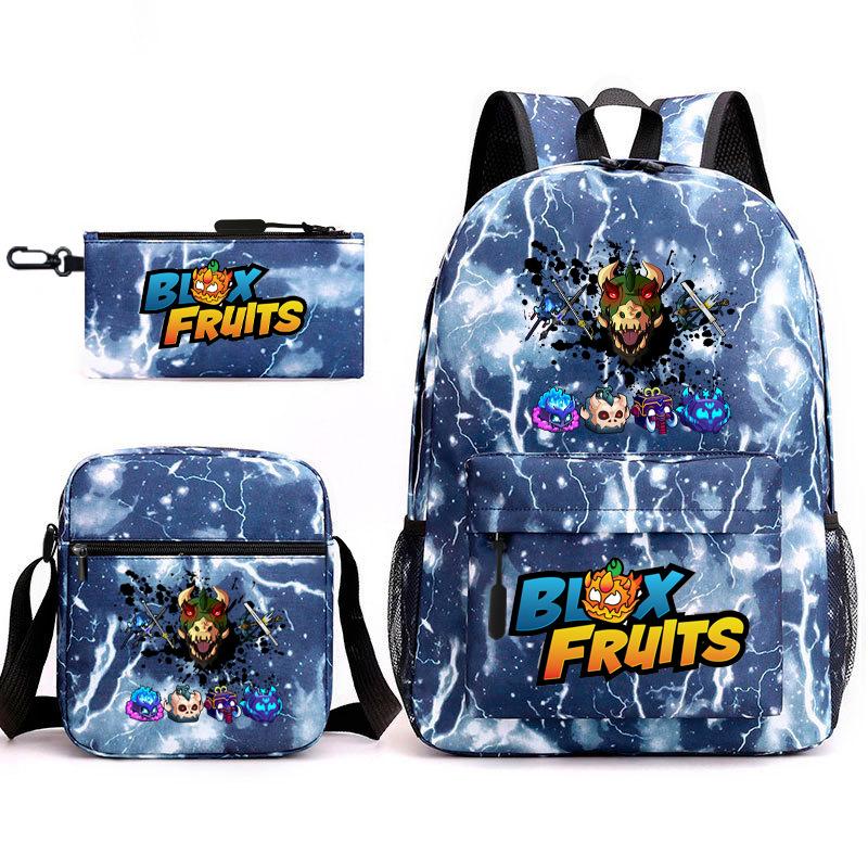 Mochila Escolar para Adolescentes Jogo Blox Fruits Fruta do Demônio Escola Primária Estrela Pintura Térmica Conjunto de 3 peças