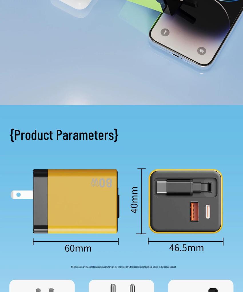 80W GaN Dual Port Retractable Fast Charger for Apple, Android, Huawei - USB A+C