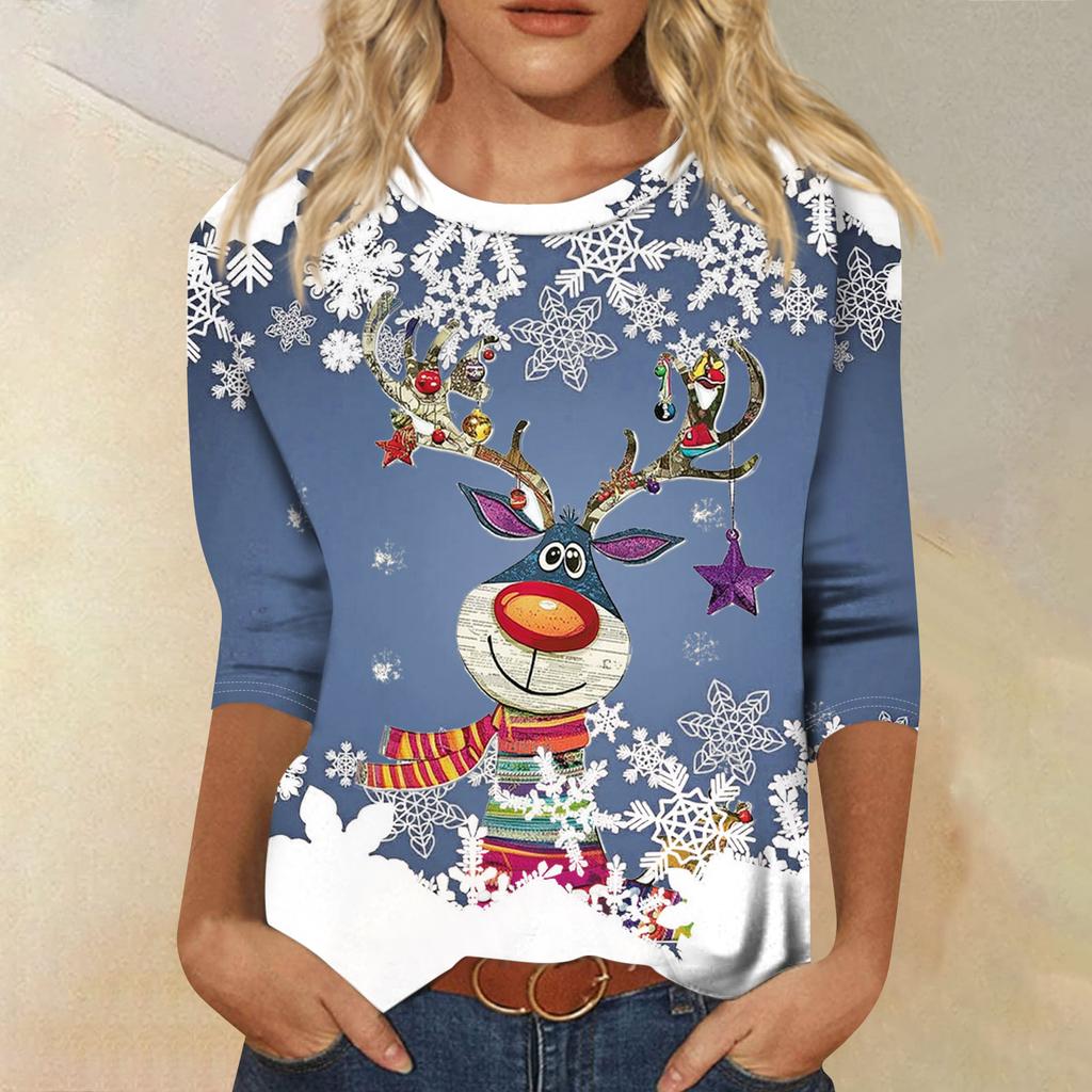 Damenmode Lässiges Rundhals-T-Shirt mit 3/4-Ärmeln und lockerem Aufdruck