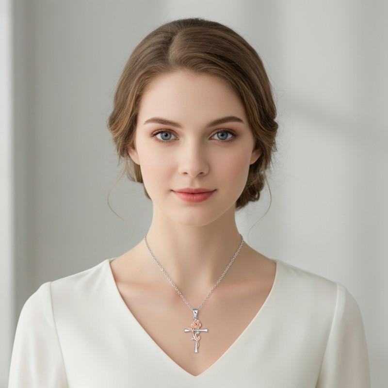 Elegant Rose Cross Pendant Necklace Women Lightweight Copper Jewelry With Gold Plating Daily Wear Fashion Accessory
