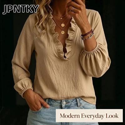 JPNTKY Kadın Moda Günlük Uzun Kollu V Yaka Bluz & Gömlekler