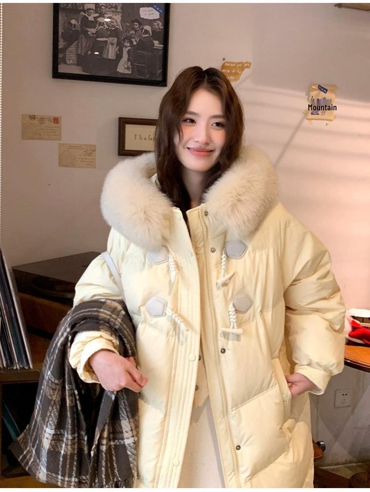 Women's Mid-Length Down Jacket, 2025 Winter, Horn Button Design, Fur Collar, Thickened, Loose Fit Coat.