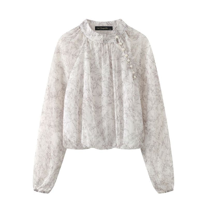 

La Chapelle New Chinese Ink Painting Print Shirt Women s Spring Long Sleeves Chiffon Shirt Tops Beige S