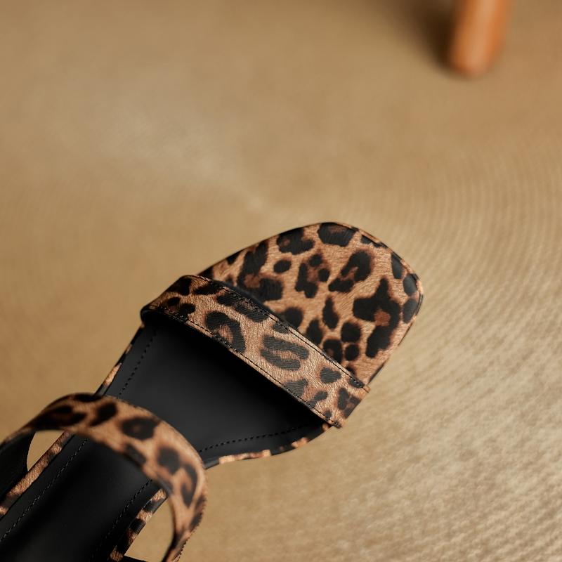 Fashion Women's New Genuine Leather Summer Leopard Pattern Exposed Toe Thick Sole Waterproof Platform High-heeled Fashion Slippers
