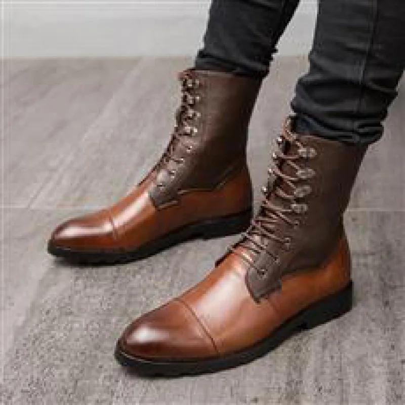 Men's Boots Fashion Casual High Top Boots Lace-up Motorcycle Boot Classic Chelsea Boots for Men Pointed Toe Business Dress Botas