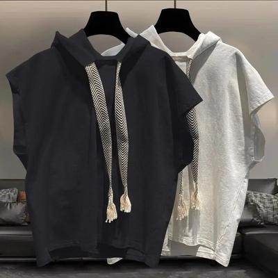 Men's Summer Hooded Sleeveless T-shirt Solid Color Loose Vest Tops Street Casual Men Clothing