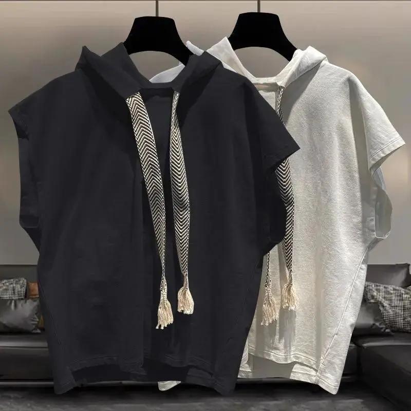 Men's Summer Hooded Sleeveless T-shirt Solid Color Loose Vest Tops Street Casual Men Clothing