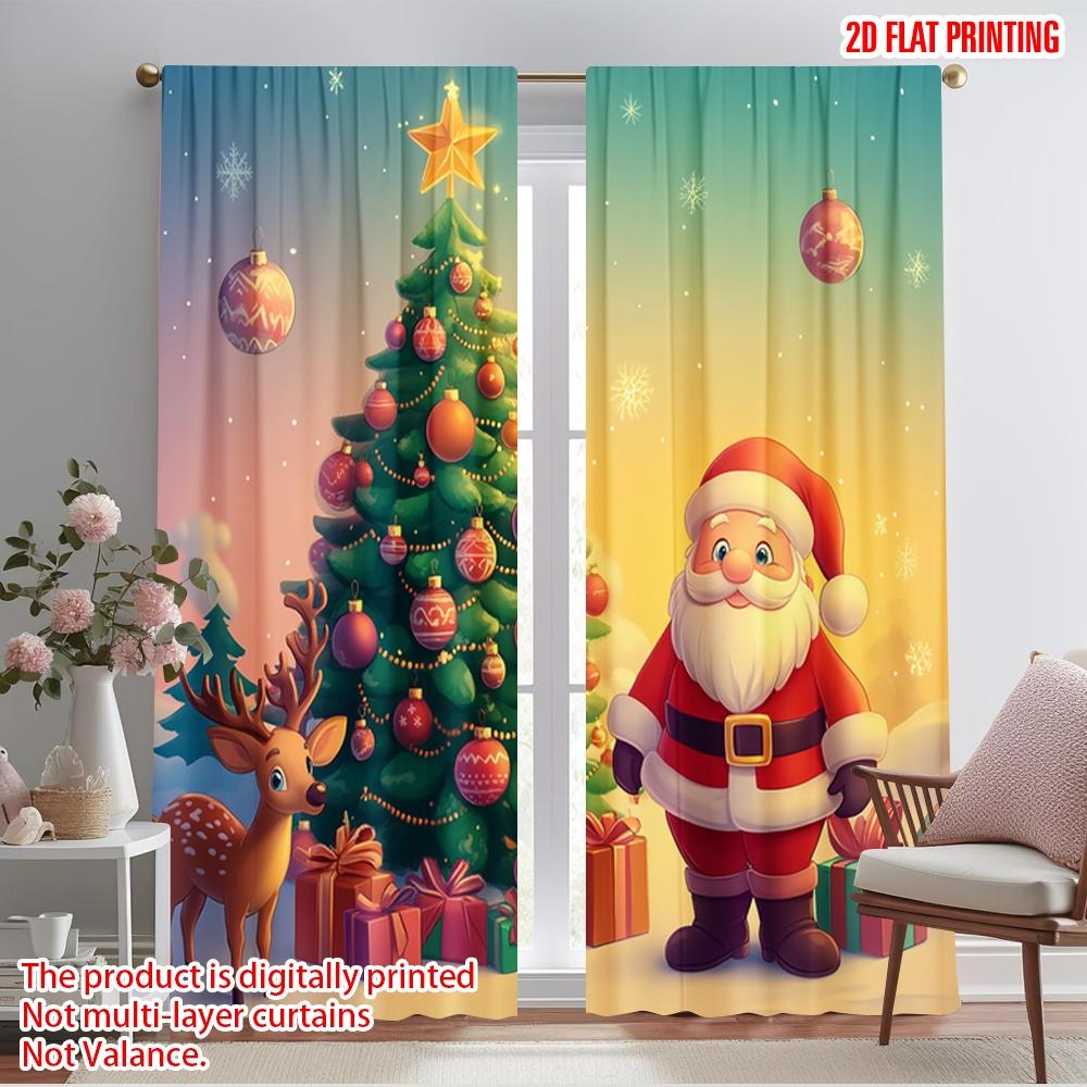 

Set Of 2 Plane Printing Popular Curtains Cute Santa Christmas Tree Gifts Durable Polyester Fabric Without Rod Curtain Made W100*H70(CM)-Hooks&1PCS