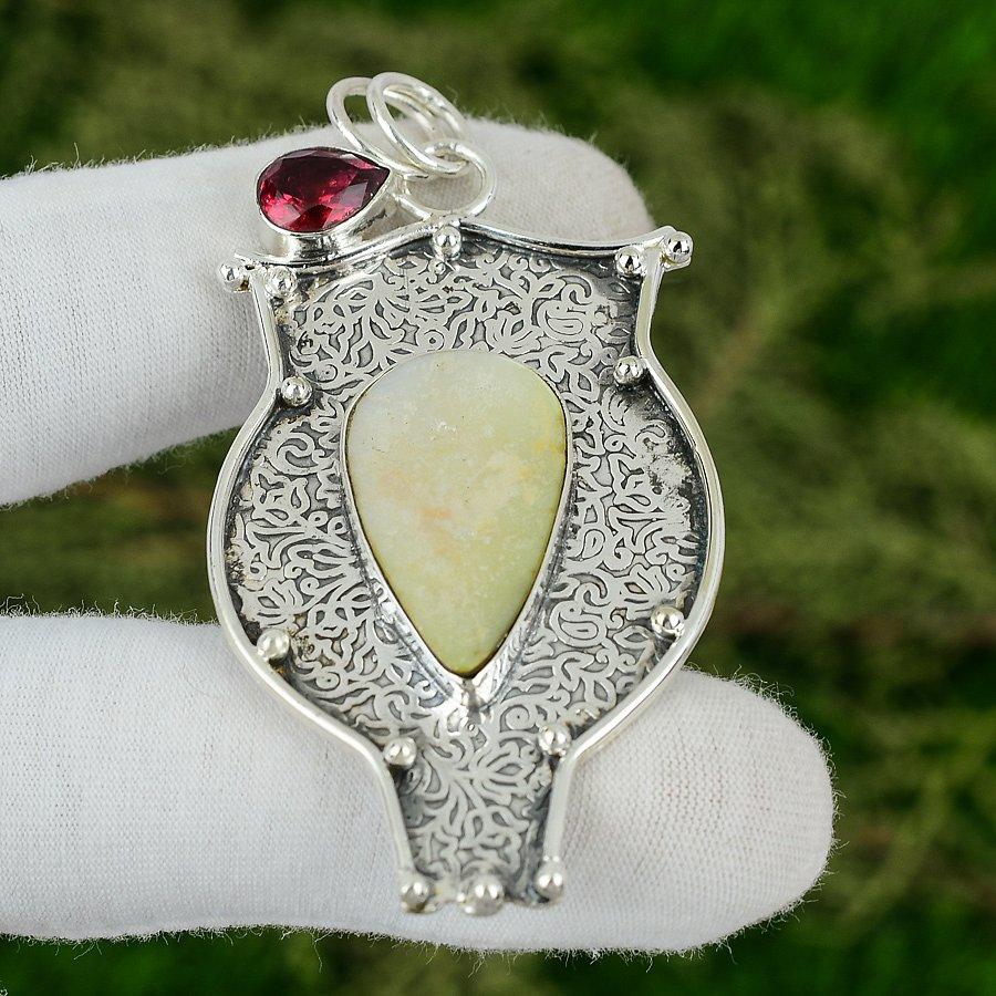 

925 Silver Natural Mother Of Pearl Rubillite June Unique Art Deco New Pendant