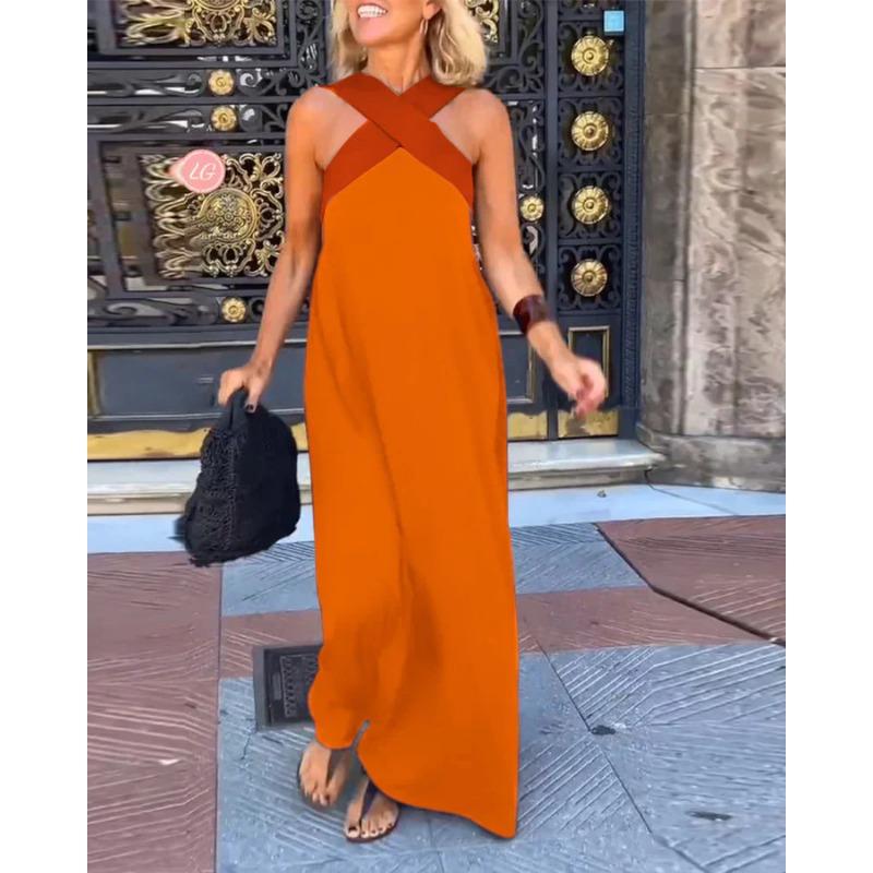 Summer Sleeveless Loose Casual Long Dress New Big Size Women A-line Cross Party Patchwork Dress Sweet Streetwear Sexy Clothing