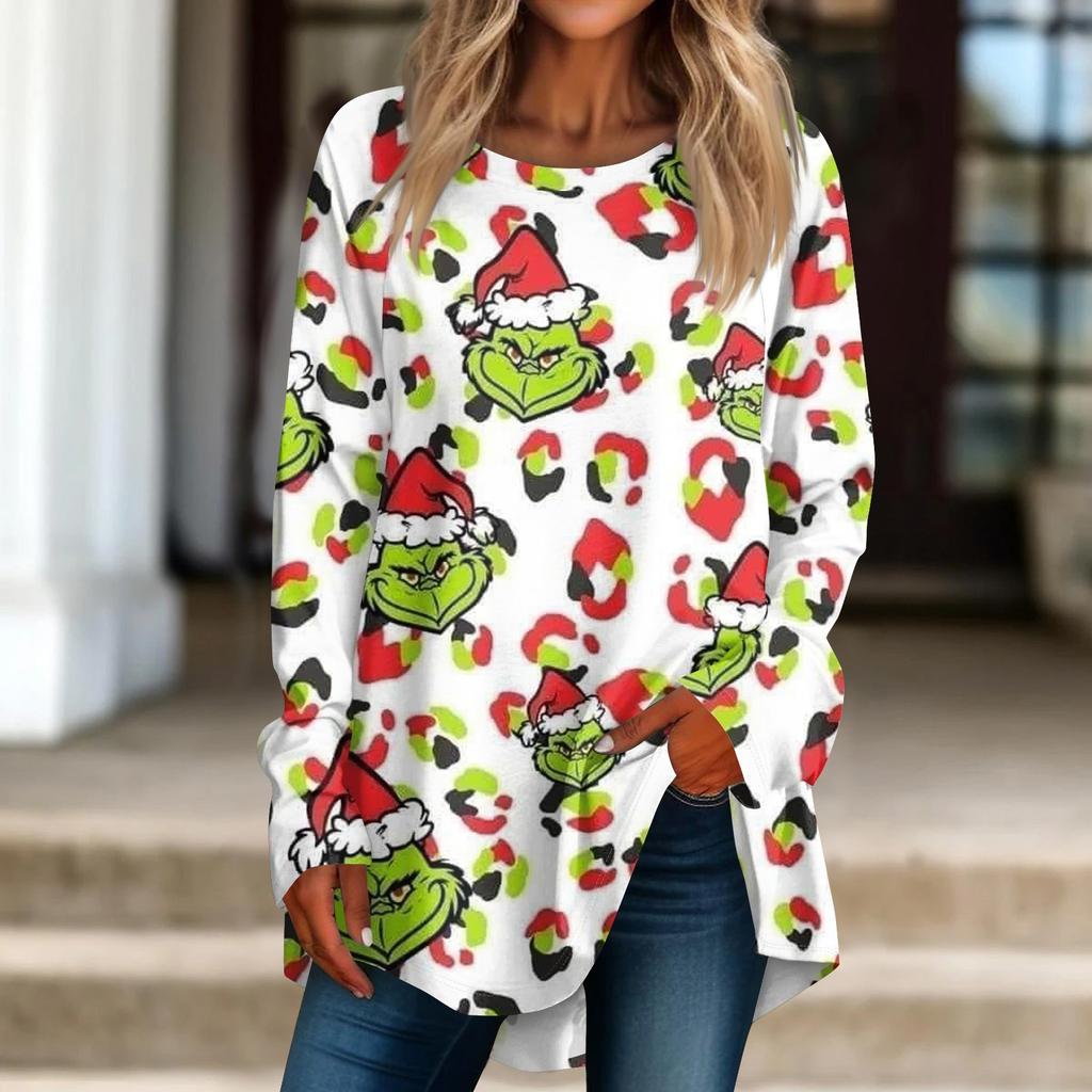 Damen Weihnachtsdruck Langarmshirt Rundhals Pullover T-Shirt Top Pullover