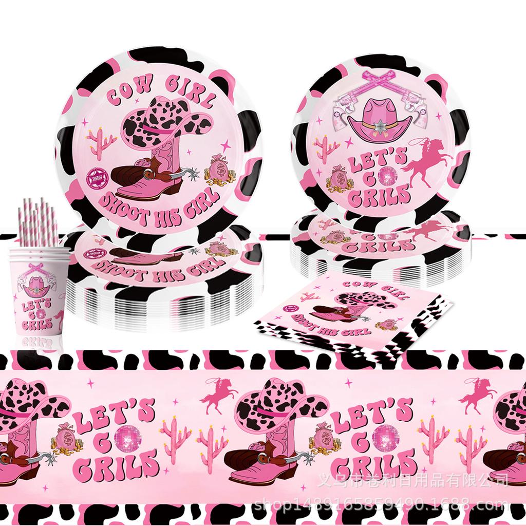 Custom Pink Denim Theme Party Supplies Denim Party Decoration Arrangement Banner Flag Party Paper Plate Tableware