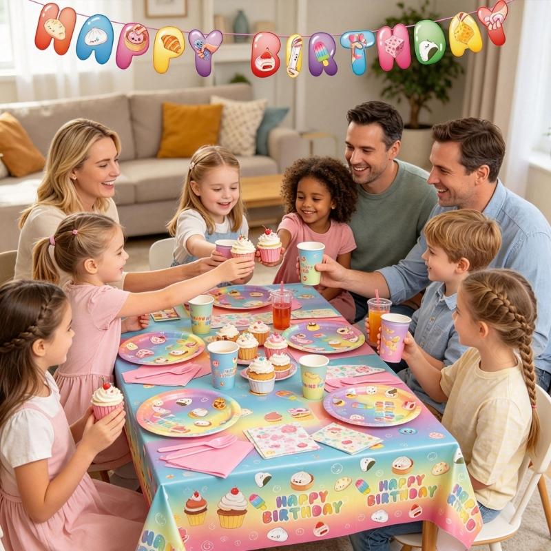 Birthday Party Supplies with Cartoon Food Characters and Happy Birthday Art for Table Arrangements and Hanging Displays
