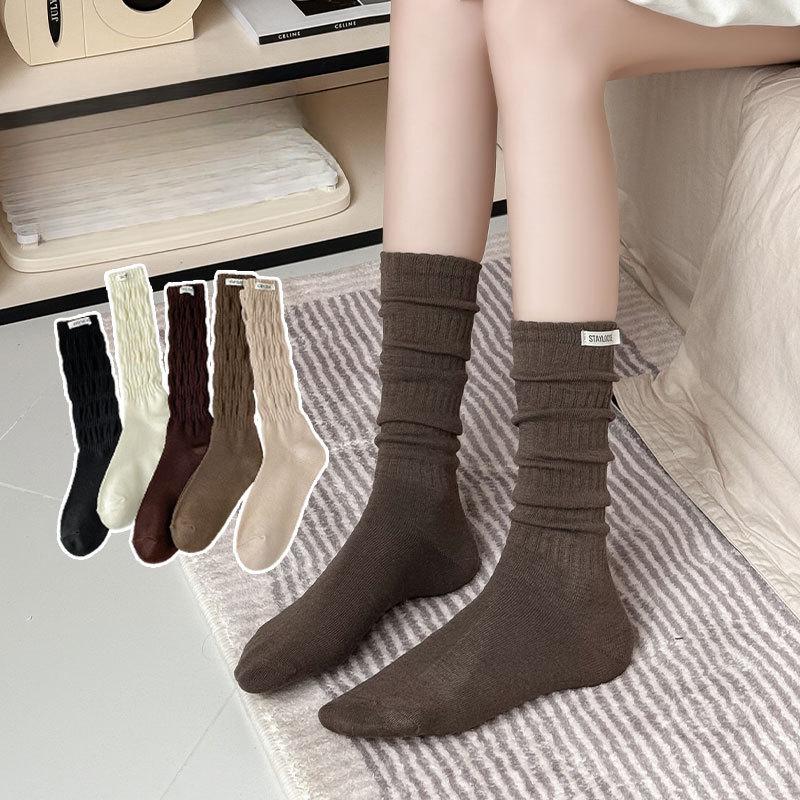 Women's Spring and Fall Vintage Solid Color Tall Drum Pile Calf Cotton Socks