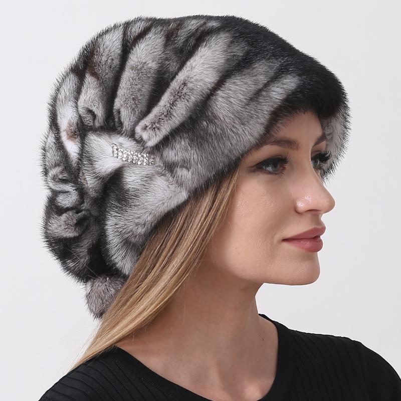 Women's Winter White Snow Hat Luxury Natural Mink Fur Christmas Hat, Warm Soft Fluffy Trapper Cap for Outdoor Cold Weather
