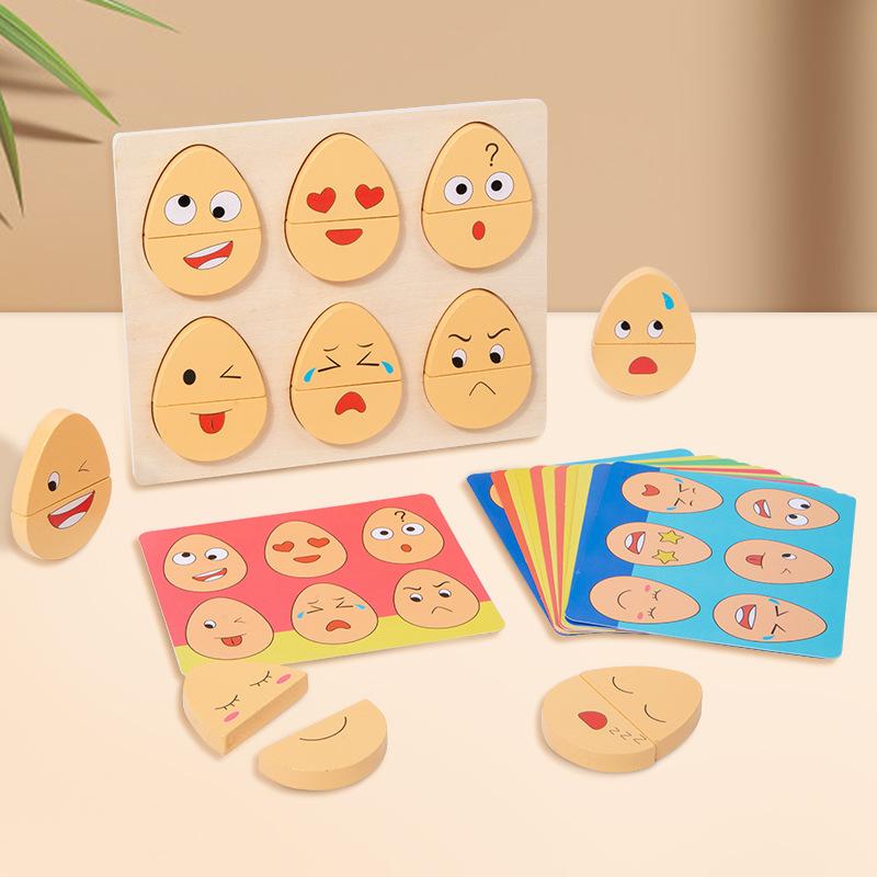 Montessori Toys for Toddlers,Wooden Changing Egg Expression Puzzle, Expression Matching Game, Parent-Child Interaction Game