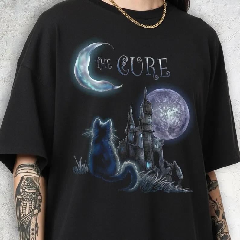 The Cure Gothic Cat Shirt, Mystical Witchy Moon Gift, Vintage Dark Fantasy Tee