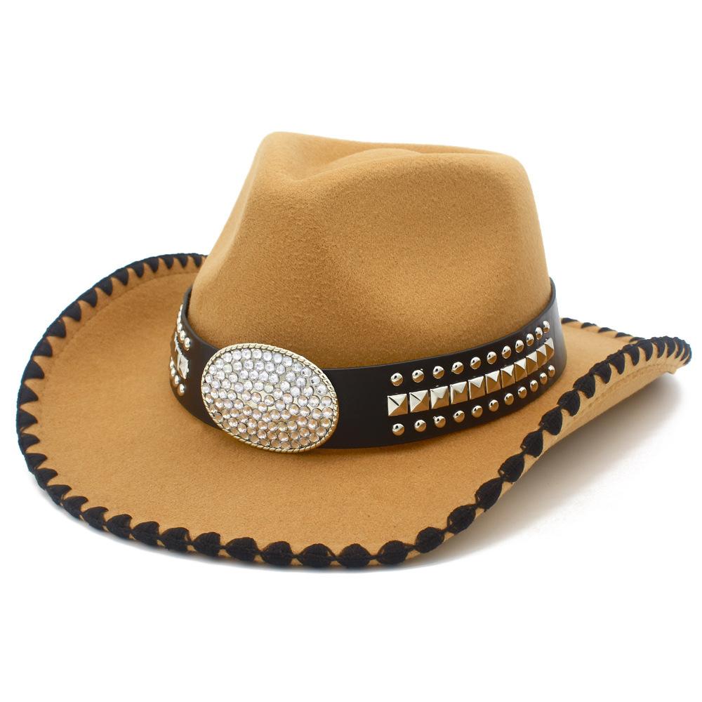 Fashion Contrast Color Personality Design Western Cowboy Hat Rivet Rhinestone Decoration Stage Suction Jazz Hat Versatile Top Hat