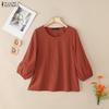 ZANZEA Women Casual Round Neck Solid Color Loose 3/4 Sleeve Blouse