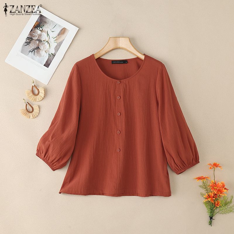 ZANZEA Women Casual Round Neck Solid Color Loose 3/4 Sleeve Blouse
