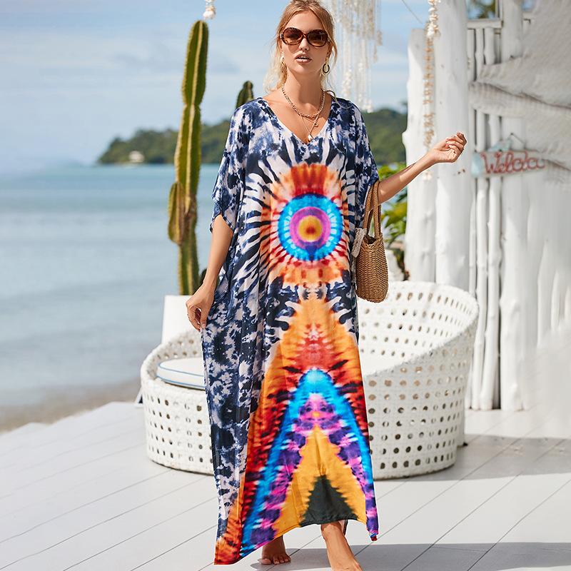 Boho přikrývka větší velikosti, dámský potisk plus malba netopýří rukáv rukáv do V výstřih s děleným lemem Maxi zakrývací šaty