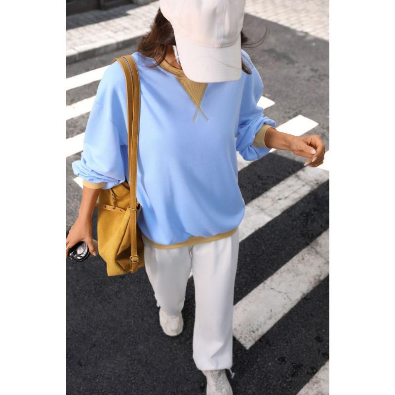 Women Loose Color Block Crew Neck Long Sleeve Casual Pullover Sweatshirt