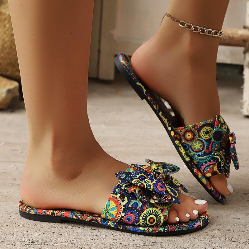 Fashion Plus Size Boho Bow Sandals Round Toe Open Toe Flat Casual Flip Flops Ethnic Style Soft Sole Printed Slippers