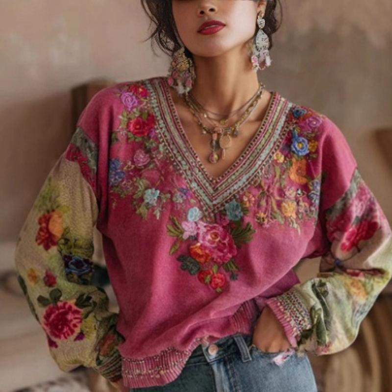 Women s V Neck Floral Embroidered Print Long Sleeve Loose Fit Casual Blouse Top S