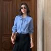 Blue Striped Women's Shirt Bow Design Fashionable Long Sleeved Shirts Commuting Style Ladies Waist Cinched Design Top