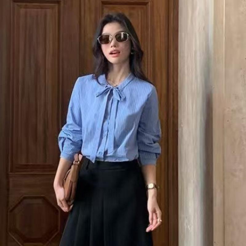 Blue Striped Women's Shirt Bow Design Fashionable Long Sleeved Shirts Commuting Style Ladies Waist Cinched Design Top