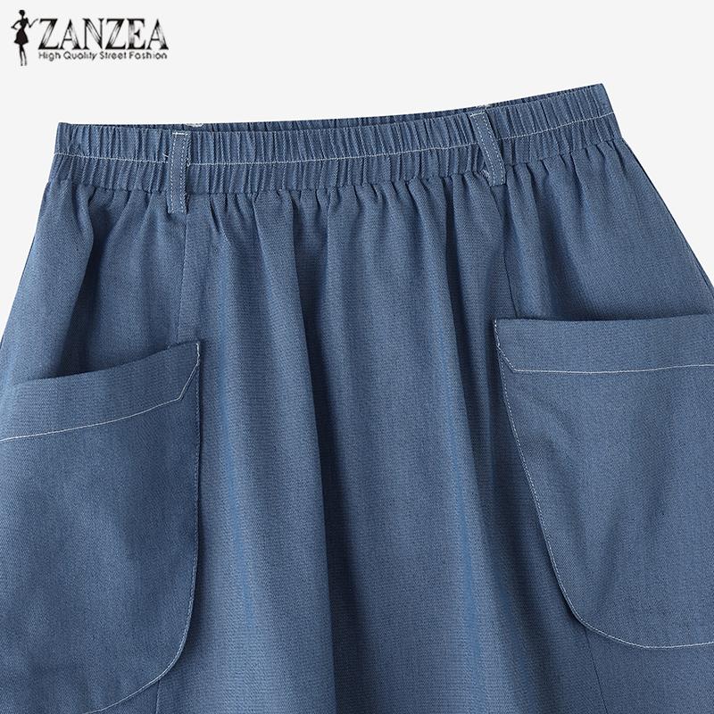 ZANZEA Women Casual Patch Pocket Elastic Waist Loose Skirt