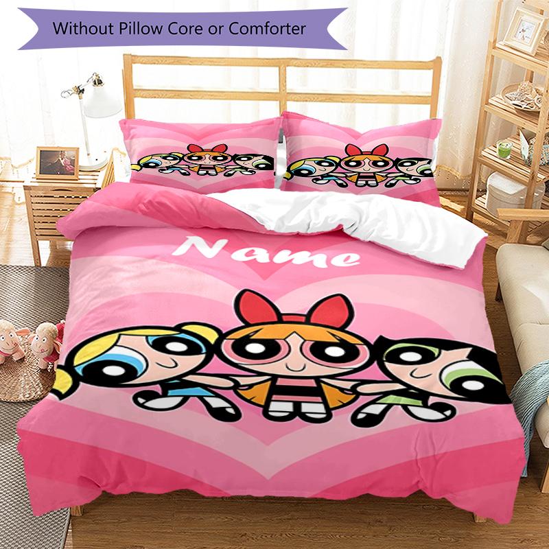 3pcs Custom Name The Powerpuff Girls Bedding Set Duvet Cover Closure Includes 1 Duvet Cover & 2 Pillowcases, Soft and Comfortable for All Seasons.