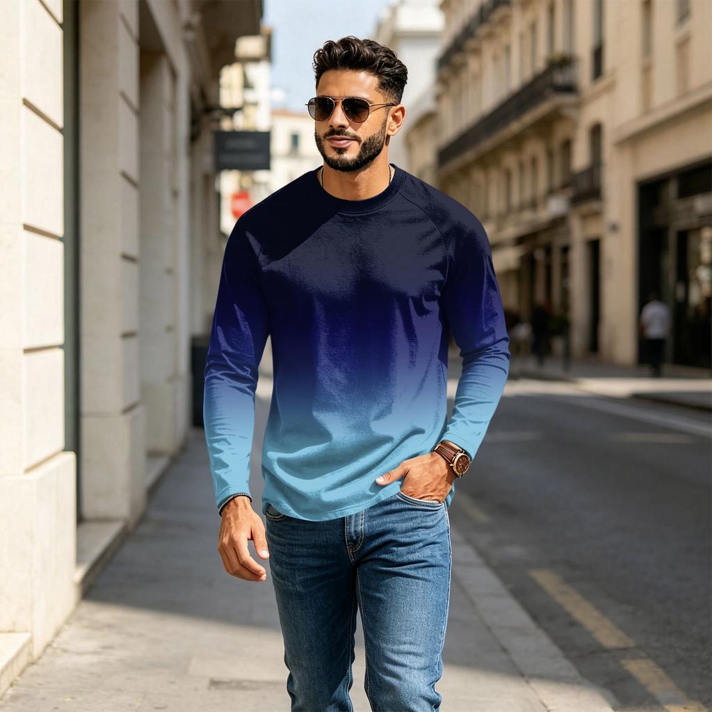 Heren Casual T-shirt met Ronde Hals, Raglanmouwen en Lange Mouwen